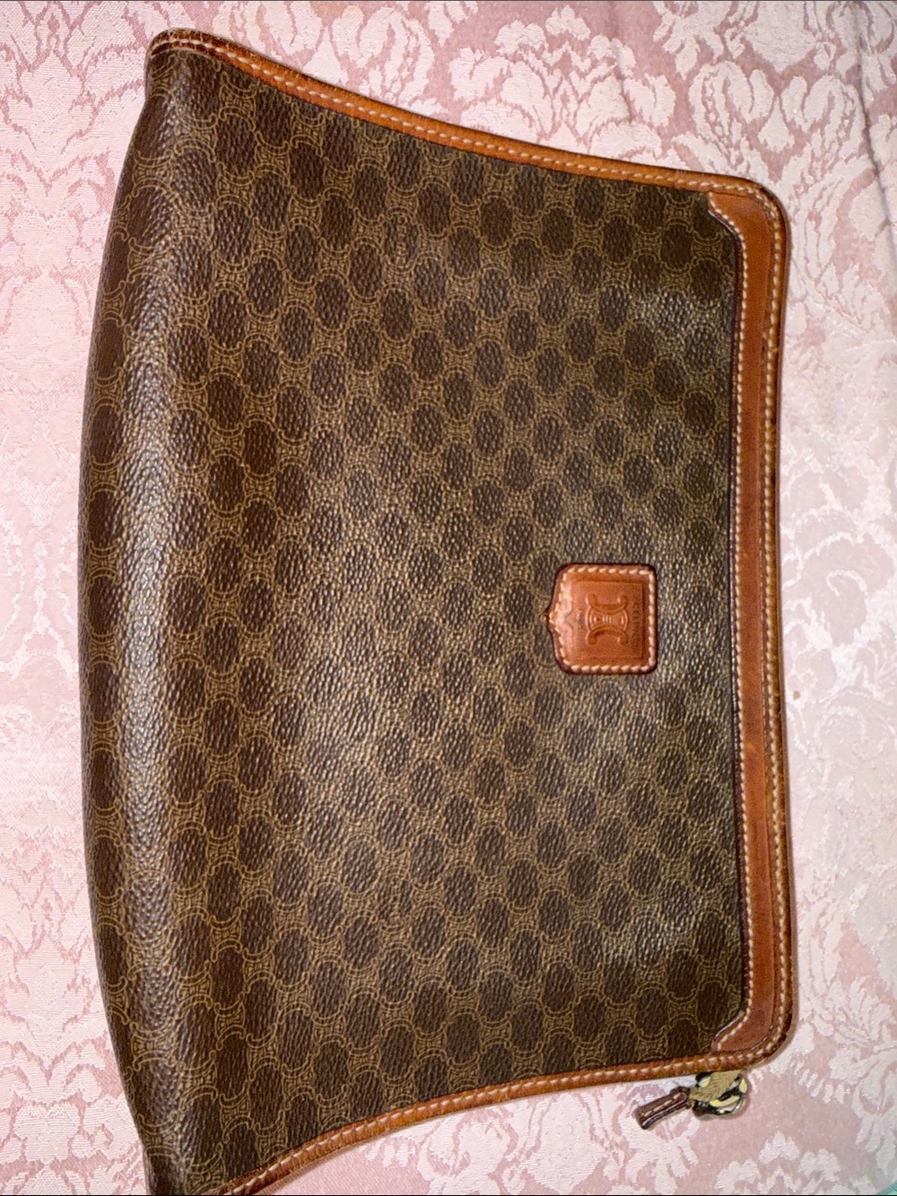 Celine Brown Patterned Toiletry Pouch with Tan Trim